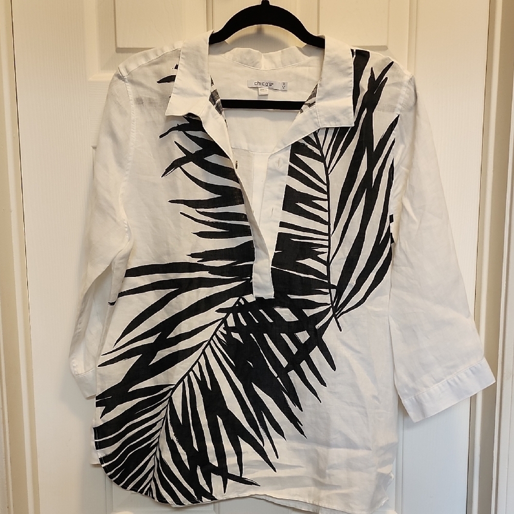 Chico's Linen White and Black Palm Leaf Tunic sz 2 (12) - Picture 1 of 7